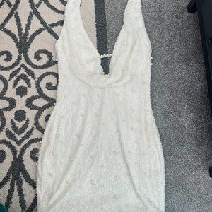 Oh Polly VERSAILLES  Deep Plunge Embellished Mini Dress in White